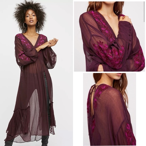 Free People Dresses & Skirts - Free People Sheer Garden Maxi Top Chiffon Bottom Ruffle Long Sleeve Embroidered